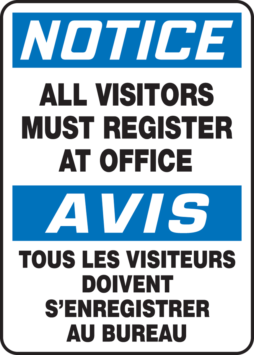 All Visitors Must Register At Office Bilingual OSHA Notice Safety Sign