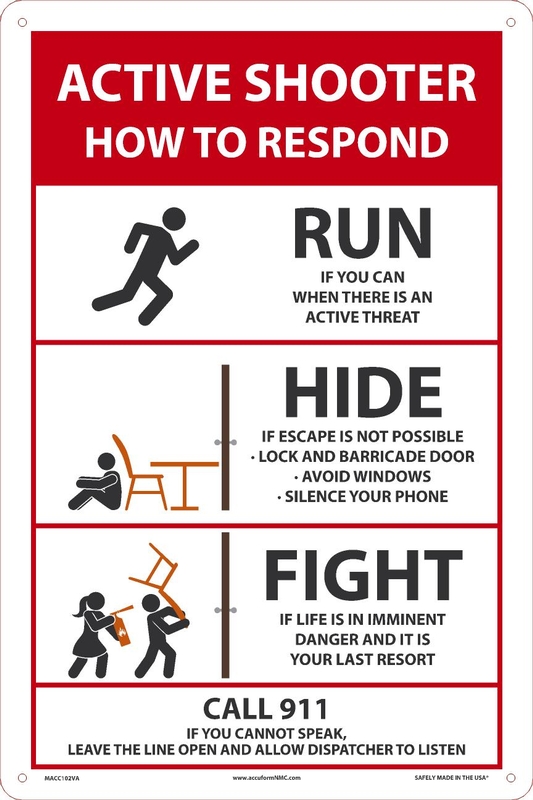 Safety Sign: Active Shooter How To Respond Run ... Hide ... Fight  (MACC102VA)